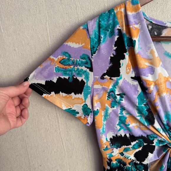 Daisy Fuentes Blouse Size S Multicolor Abstract Paint Print V-Neck Short Sleeve - Picture 4 of 11